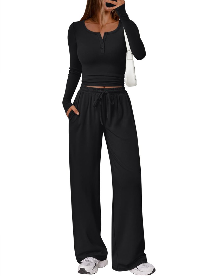 Trendy Queen Women's 2 Two Piece Matching Lounge Sets 2026 Airport Travel Fall Fashion Outfits Crop Top Wide Leg Pants Sweat Suits Workout Gym Y2k Clothes Casual Sweatsuit Loungewear Winter Clothing