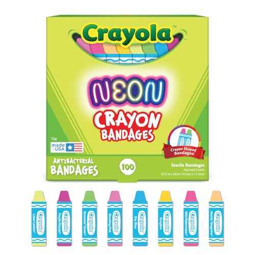 Crayola Shaped Neon Antibacterial Bandages for Kids, 100 CT - Adhesive Bandages for Minor Cuts, Scrapes, & Burns. Great Stocking Stuffer or White Elephant Gift
