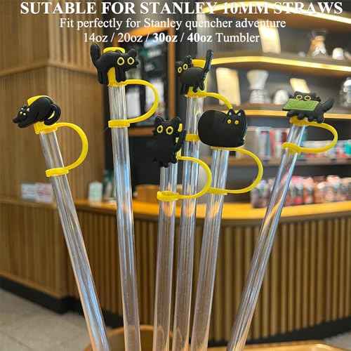 Cat Straw Cover Cap for Halloween Stanley Cup - 6PCs Cute Black Cat Straw Toppers for 30 40 Oz Tumbler with Handle Silicone Straw Tips Accessories for 10mm Straws