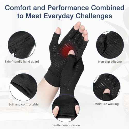 Compression Arthritis Gloves for Women and Men,Copper Infused Black Fingerless Gloves-Grip Design Breathable Comfort.