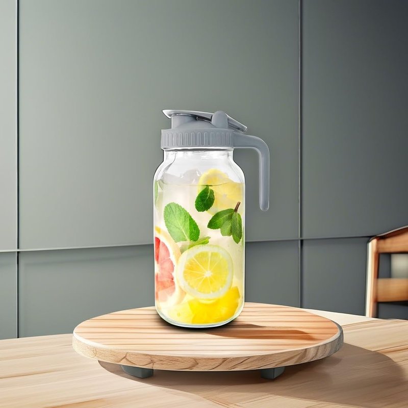 Glass Mason Jar Pitcher, 64 oz Wide Mouth Jug with Pour Spout Handle Lid for Cold Brew Coffee, Ice Beverage, Iced Juice, Lemonade, Sun Tea, Fruit Drinks Container(Gray)
