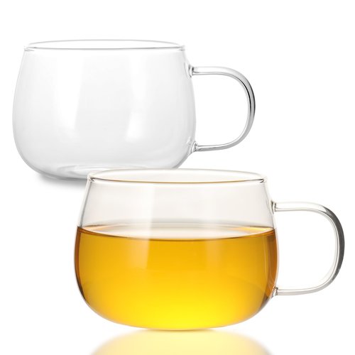 GURUDAR Glass Tea Cups Set of 2, Clear Borosilicate Glass Teacups with Handle for Tealover, Dishwasher & Microwave Safe Large Coffee Mugs for Espresso Cappuccino Latte Juice, 12OZ/360ML