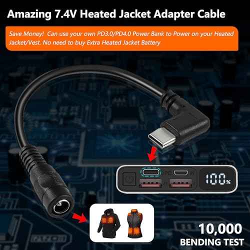 Heated Jacket Battery Step-up Adapter Charger for ORORO Heated Jackets and Vests (Black, USB C to DC)