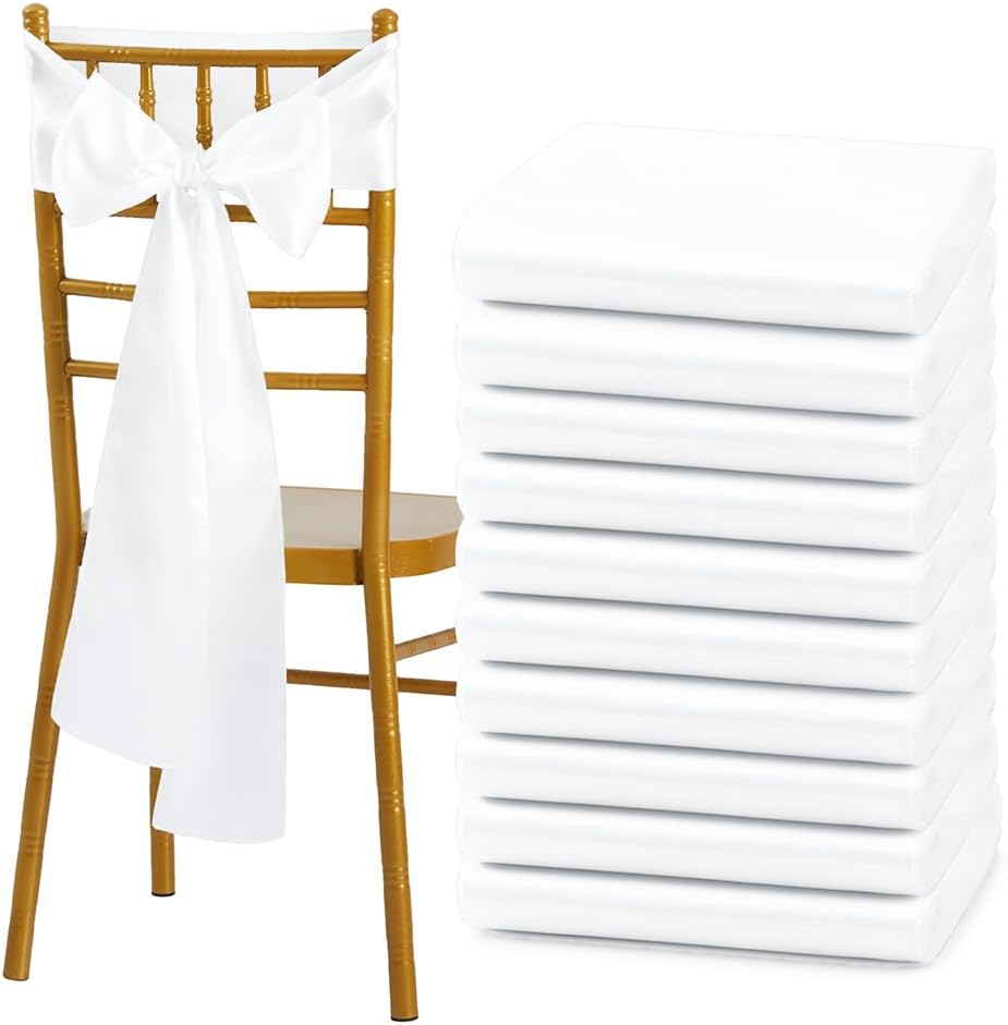 White Satin Chair Sashes by [Brand Name] - Elegant Bows for Weddings & Events | 6 x 108 Inch