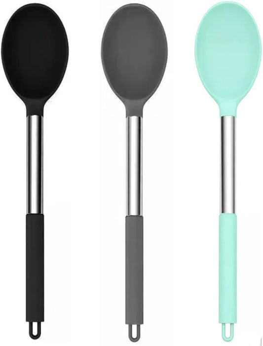 Skiennix Silicone Cooking Spoon Set - 3-Pack Heat Resistant Kitchen Utensils | 13.2" Non-Stick Server Spoon
