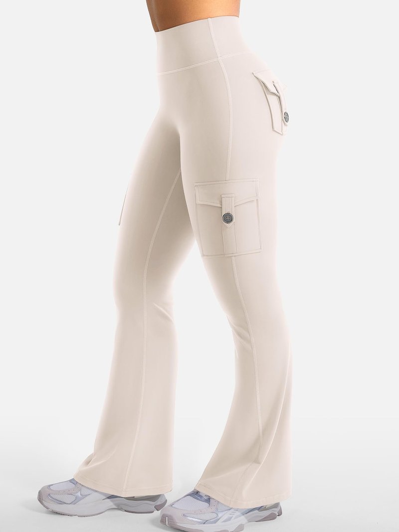 YEOREO CoreFlex Women Workout Flare Leggings with Pockets Hidden Scrunch High Waisted Cargo Gym Yoga No Front Seam Leggings Light Khaki M