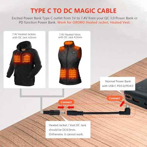Heated Jacket Battery Step-up Adapter Charger for ORORO Heated Jackets and Vests (Black, USB C to DC)