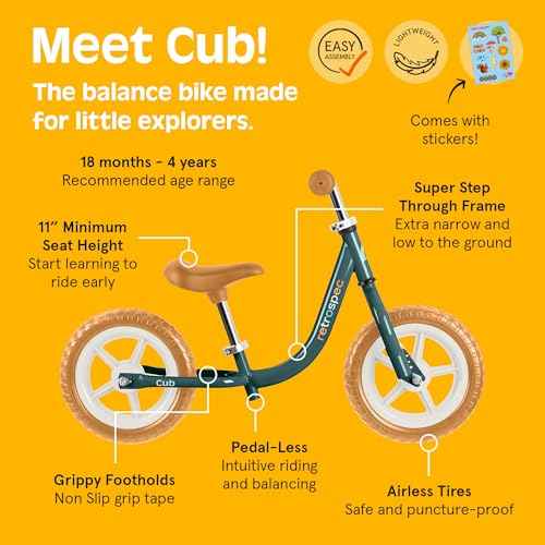 Retrospec Cub Toddler Balance Bike for Ages 18 Months - 3 Years - 12in No-Pedal Beginner Bicycle with Adjustable Seat, Puncture-Proof Tires & Safe Low Frame Design