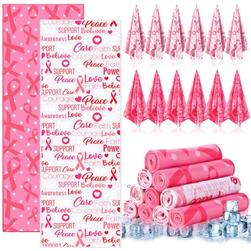 Breling 24 Pack Breast Cancer Awareness Cooling Towels 31 x 11 inches Pink Ribbon Sweat Breathable Chilly Pink Microfiber Football Towel for Breast Cancer Procession Survivor Sport Yoga Gifts(Trendy)