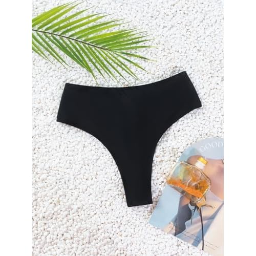 Women's Sexy High Waisted Ruched Back Cheeky Thong Bikini Swimsuit Bathing Suit Bottoms