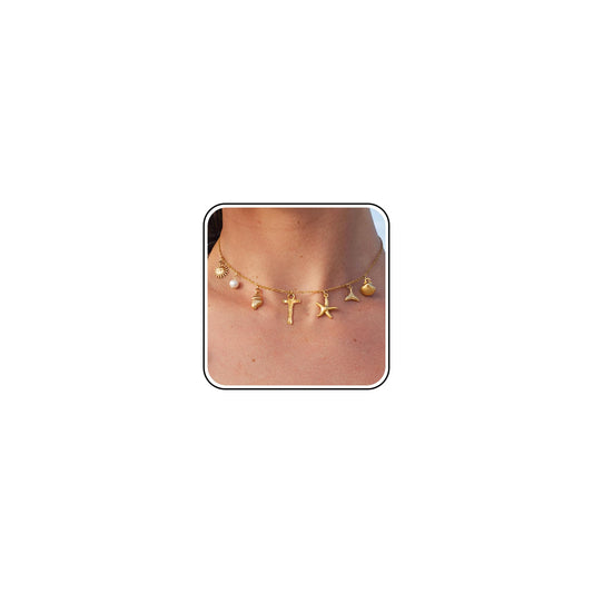 SLOONG Initial Charm Necklace 14K Gold Plated Letter Neckalce Freshwater Pearl Necklace Choker Boho Summer Seashell Beach Starfish Surfer Jewelry Gifts for Women T