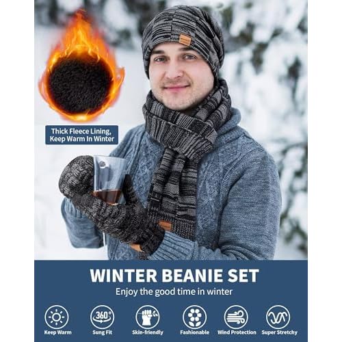 Mens Hat Gloves Scarf Set Winter, Slouchy Beanie 3 in 1 Warm Set, for Men, Mens Stocking Stuffers