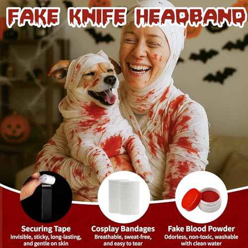 Halloween Mummy Wrap Costumes, 60 Yards 12 Rolls Mummy Wrapping Cloth, Mummy Gauze, Mummy Bandages for Cosplay Zombie, Halloween Costume Accessories with Fake Blood Powder(Small Size for Women, Youth)