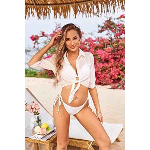 ZAFUL Women's Bikini Swimwear Cover Up Semi-Sheer V Neck Button Up Top Shirt Blouse Beachwear