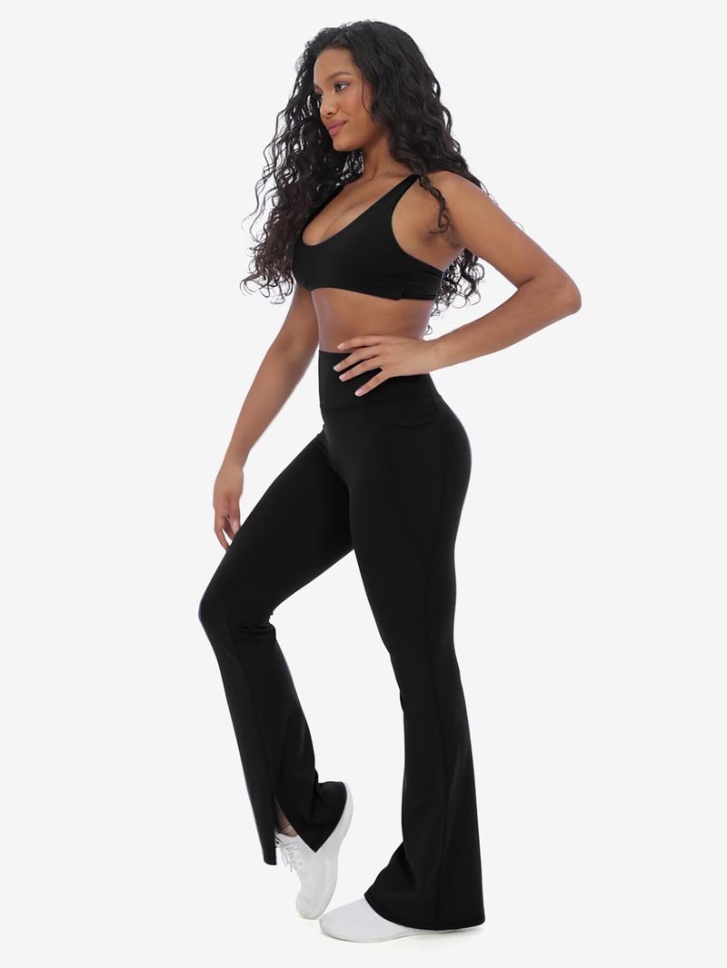 Flamingals Women's Butt Lifting Flare Leggings with Pockets High Waist Tummy Control Hidden Scrunch Mini Flared Yoga Pants Black L