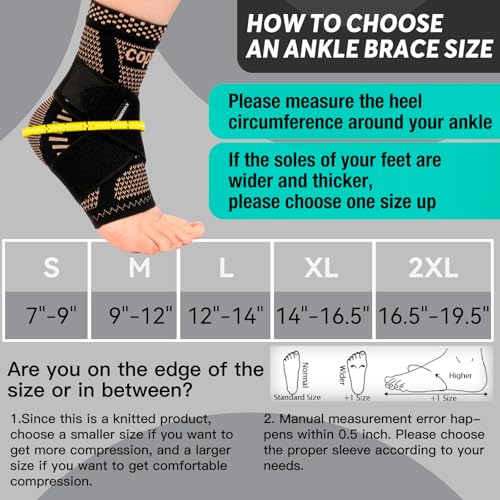 INDEEMAX Ankle Brace for Sprained Ankle Compression Sleeve, 2 Pack Copper Infused Ankle Support Brace for Women & Men, Plantar Fasciitis Relief Achilles Tendonitis, Sports Running, Copper Black, 2XL