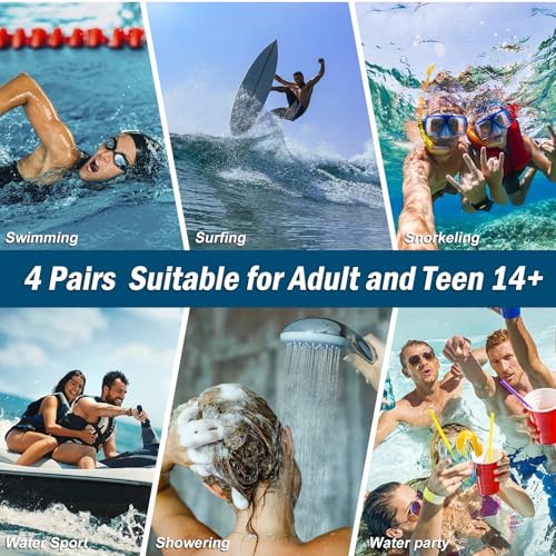 Swimming Ear Plugs for Adults, 4 Pairs Waterproof Reusable Silicone Swim Earplugs with Removable Cord, Perfect for Swimming, Showering, Surfing and Other Water Sports - Two Wearing Styles