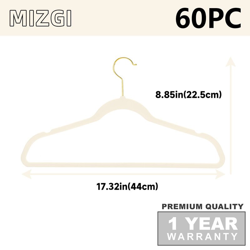 MIZGI Premium Velvet Hangers Pack 60 Pcs Heavyduty - Non Slip Slimline - Velvet Suit Hangers Ivory - Gold Hooks,Space Saving Clothes Hangers