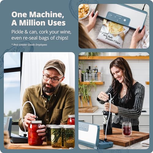 Greater Goods Vacuum Sealer ? Powerful, Compact, with 4-in-1 Functions, Built-in Cutter, and Vacuum Seal Bags, Ideal for Sous Vide and Food Storage (Stone Blue)