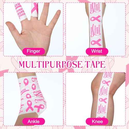 Geiserailie 2 Pack Breast Cancer Awareness Sticky Athletic Tape 2in x 30ft Pink Ribbon Cotton Sports Tape Wrist Wrap for Football Soccer Trainers Finger Wrist Ankle Men Women Gifts(White)