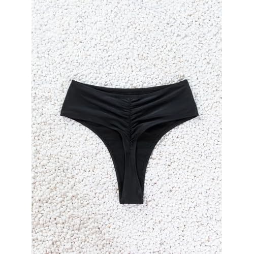 Women's Sexy High Waisted Ruched Back Cheeky Thong Bikini Swimsuit Bathing Suit Bottoms