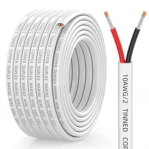 10 Gauge Marine Wire, 10/2 Duplex Marine Grade Cable, IP68 Waterproof/Oxygen-Free Tinned Copper Stranded PVC 10 AWG Wire for Boat, Automotive, RV, Solar, LED Strips (30FT)