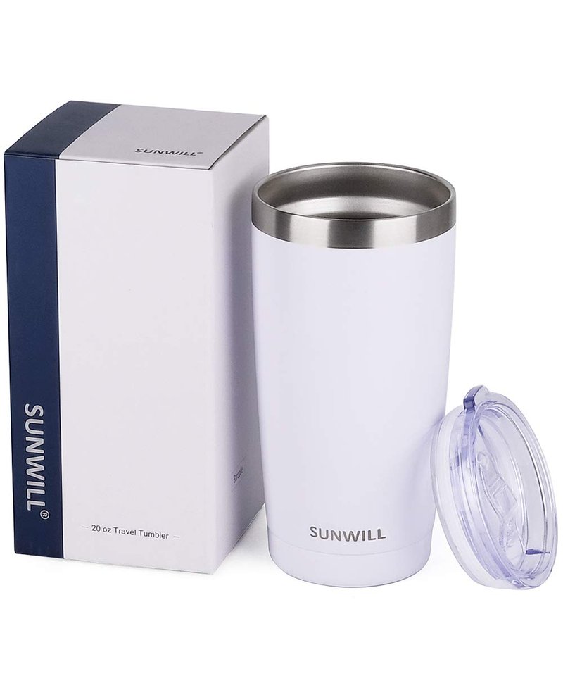 SUNWILL Travel Coffee Tumbler 20 oz, Insulated Mug with Lid, Stainless Steel Cup for Hot and Cold Drinks, Powder Coated White