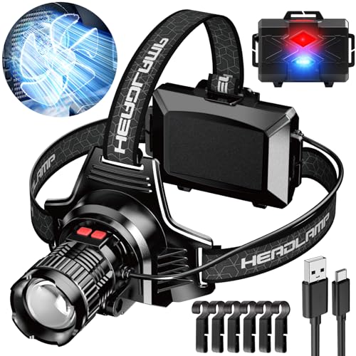 K KERNOWO LED Headlamp Rechargeable, Super Bright Head Lamp, Headlamp with Red Warning Lights, Head Lights for Forehead, Waterproof & Zoomable, 90¡Æ Adjustable Headlamps for Camping Hiking Car Repair