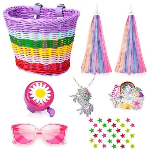Kids Handlebar Bicycle Basket for Girls With Unicorn Necklace, Bell, Streamers, Wheel Bead, Sunglasses, Stickers - Bike Decoration Accessories Set
