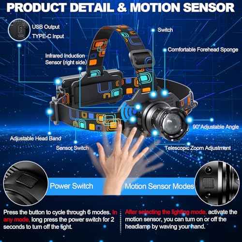 Headlamp Rechargeable, Bright LED Head Lamp with White Red Light, LED Headlamp Motion Sensor 90¡Æ Adjustable Zoomable 6 Modes Head Lights for Forehead for Adults Running Hunting Camping Hiking Fishing