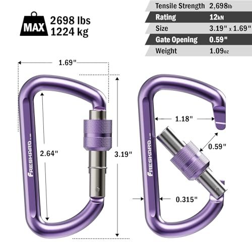 FresKaro 3inches Screw Locking Carabiners, Strong Tensile Strength 12kN/2698lbs, Lightweight, Rust-Free, D Shape Wide Opening Gate, Sturdy and Last Long, Assorted Colors