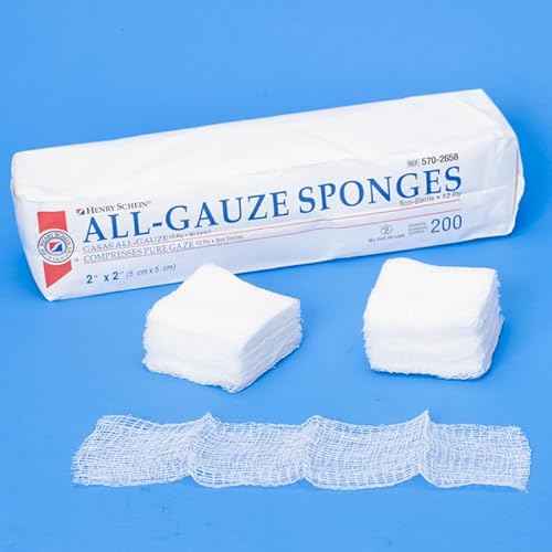 Henry Schein 100% Cotton Woven All-Gauze Sponge 2x2 12 Ply Non-Sterile Square for Wound Dressing Gauze Sponge-Pads for Wound Care & Home First Aid Kits, 200 / Pack