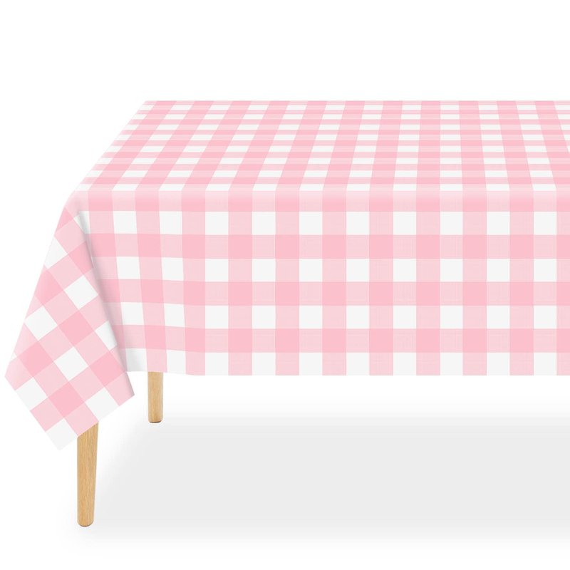 QIKSION Pink Gingham Tablecloth Disposable 2 Pack, 54 x 108 Inch Pink and White Checkered Table Cloth for Baby Shower, Easter, Mothers Day Decorations, Birthday Party, Rectangle, Plastic Table Cover