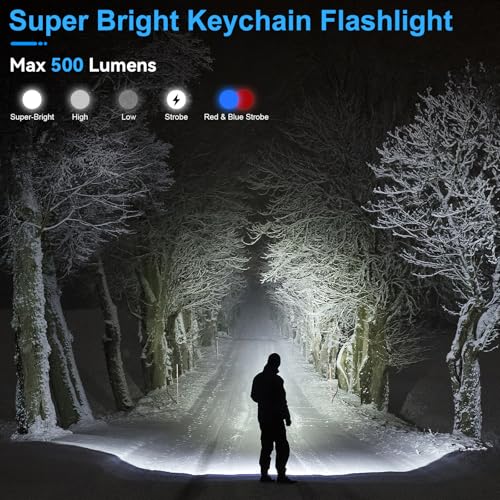 EDC Keychain Flashlight Rechargeable with Red/UV/Black Light, 500 Lumens Super Bright Small Flashlights Powerful with 9 Modes & Waterproof, Clip on Mini Pocket Flash light Magnetic for Fishing Outdoor