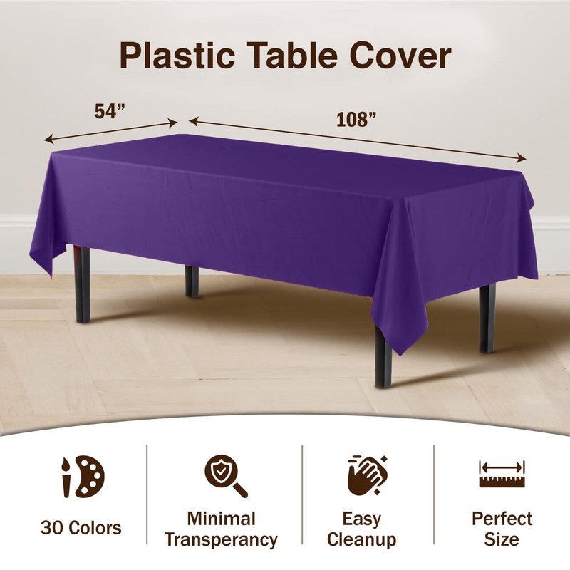 Exquisite Party Solids 6-Pack Premium Plastic Tablecloth 54in. x 108in. Rectangle Plastic Table Cover - Purple