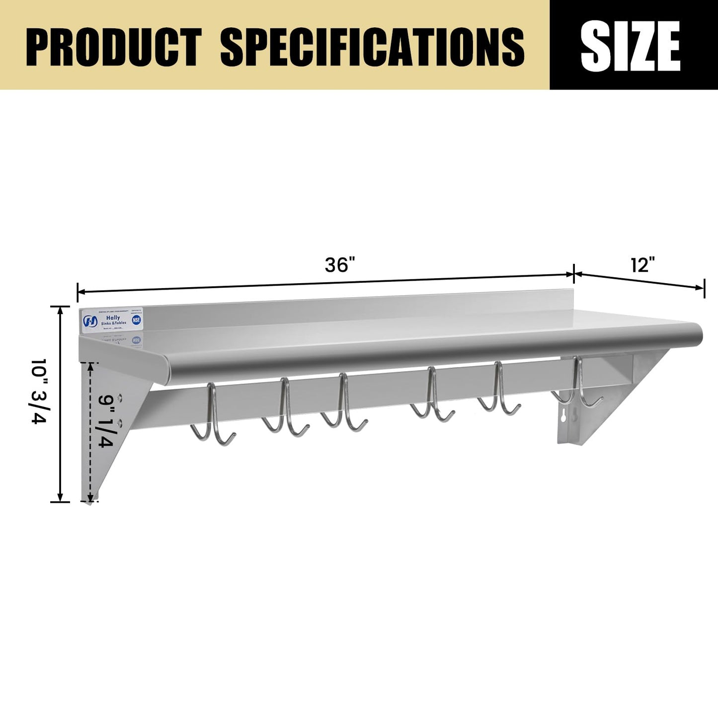 Hally Stainless Steel Shelf with 6 Hooks 12" x 36" Wall Mounted Pot Rack, NSF Commercial Floating Shelving for Storage Hanging Pots, Pans, cookware in Restaurant, Kitchen, Home and Hotel