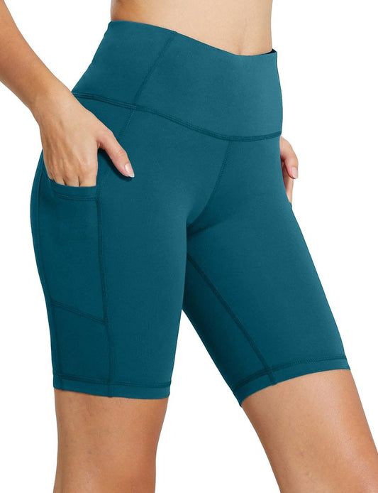 baleaf Biker Shorts Women Yoga Gym Workout Spandex Running Volleyball Tummy Control Compression with Pockets 8" Blue XS