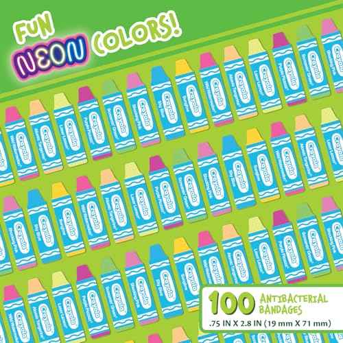 Crayola Shaped Neon Antibacterial Bandages for Kids, 100 CT - Adhesive Bandages for Minor Cuts, Scrapes, & Burns. Great Stocking Stuffer or White Elephant Gift