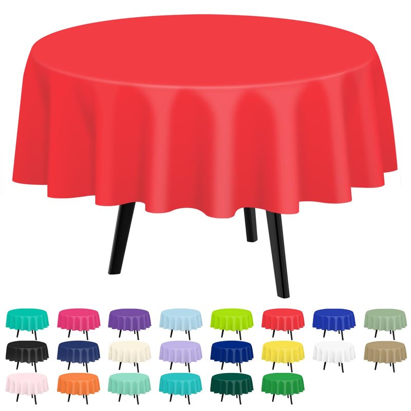 QIKSION Red Round Tablecloth 2 Pack, 84 Inch Plastic Table Cover Disposable for Parties