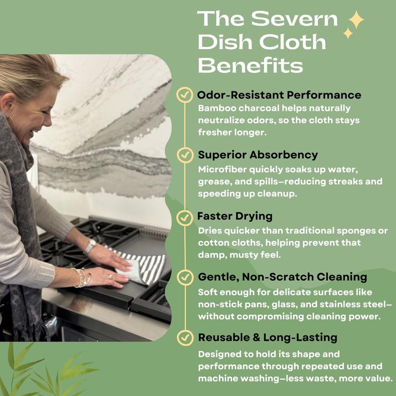 Severn Dish Cloths for Washing Dishes 4pk. Odor-Resistant Dish Rags with Non-Scratch Wire Scrubber Side for Kitchen Cleaning. Grime-Fighting Bamboo-Charcoal Microfiber 2-Sided Dishrags. Machine Wash