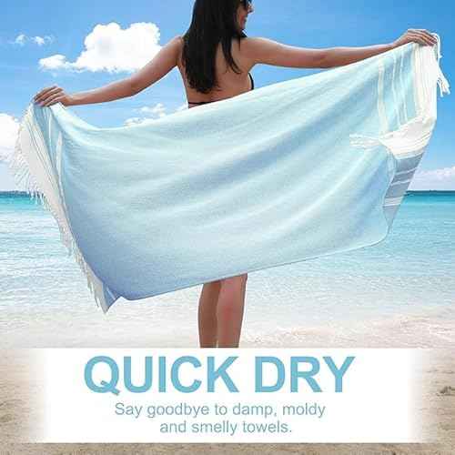 Genovega Oversized Turkish Beach Towels 74"x38" Thin Quick Dry Sand Free Pool Swim Bathing Towel Extra Large Blanket Adult Travel Essentials Cruise Accessories Must Haves Summer Light Blue Stuff