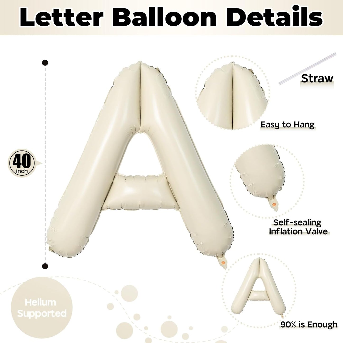 Skiennix 40-Inch Cream Alphabet Balloons - Self-Inflating Beige Foil Letters for Birthday & Baby Shower Decor