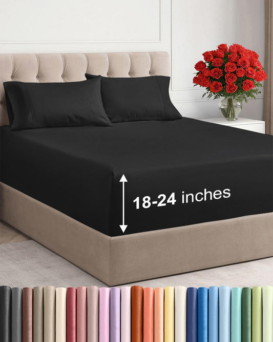Skiennix Extra Deep Twin Sheet Set - 4 Piece Breathable Cooling Bedding - Soft, Wrinkle-Free Black Sheets