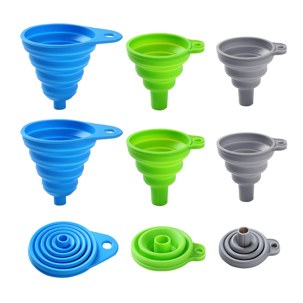 Skiennix Silicone Collapsible Funnels - 6 Pack Kitchen Set for Easy Filling | 3 Small & 3 Large, Food Grade