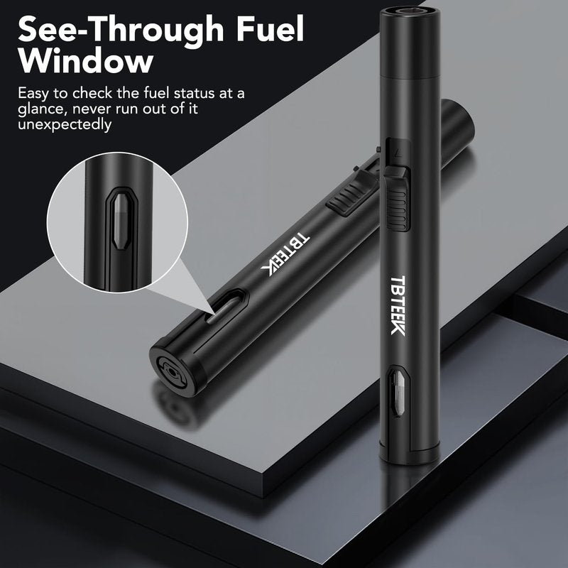 TBTeek 2 Pack Torch Lighters, Refillable Butane Lighter with Safety Lock & Continuous Flame, Visible Fuel Window, Adjuatable Jet Flame Lighter for Candle, BBQ, Fireplaces, Black(Butane Not Included)