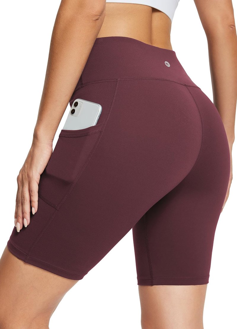 baleaf Biker Shorts Women Yoga Gym Workout Spandex Running Volleyball Tummy Control Compression with Pockets Soft 8" Wine Red XL