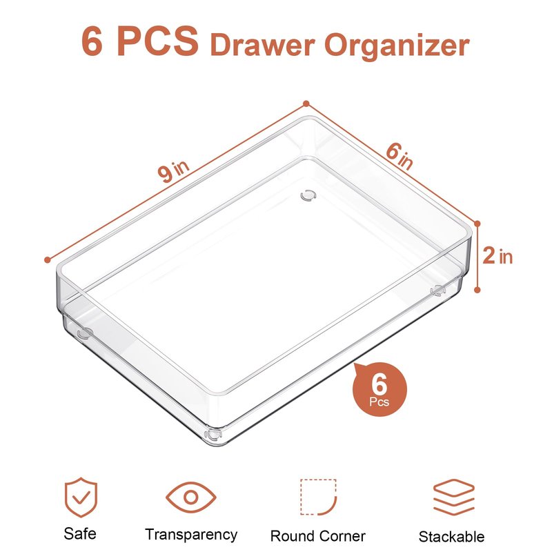 SMARTAKE 6 PCS Clear Plastic Drawer Organizers Set, Large Size Non-Slip Desk Drawer Organizer, Versatile Bathroom and Vanity Drawer Organizer Trays for Makeup, Bedroom, Office, Kitchen Utensils