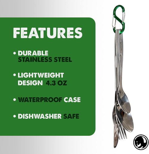 6-Piece Portable Stainless Steel Camp Utensil Set with Waterproof Case & Carabiner