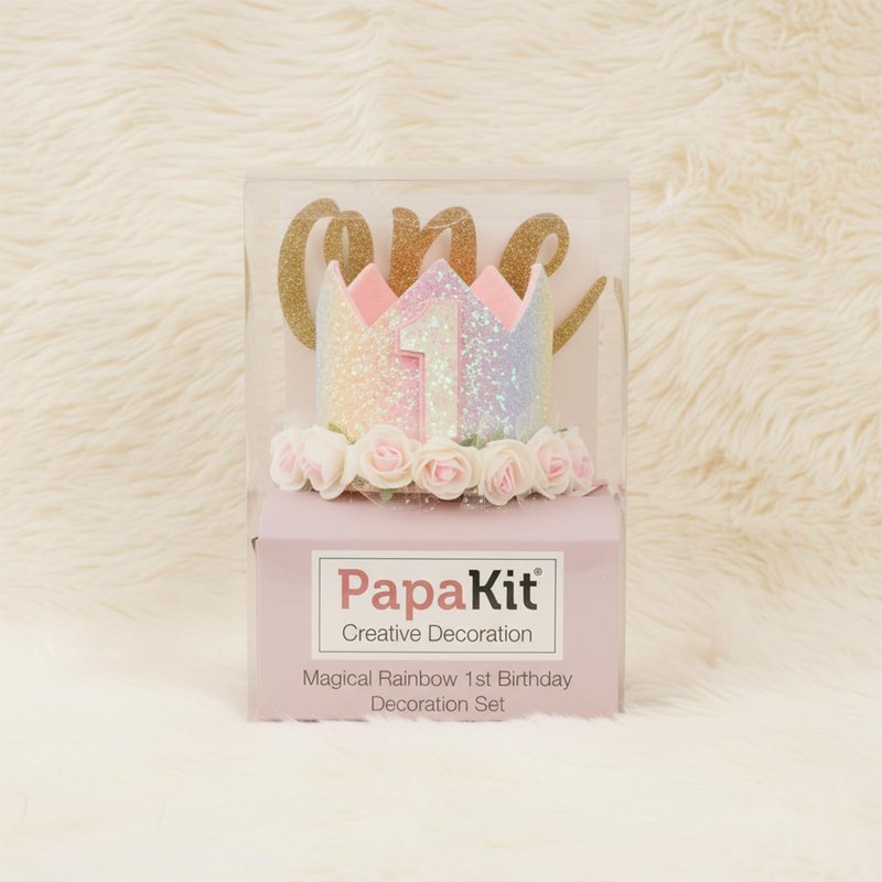 PapaKit Girls 1st Birthday High Chair Premium Decoration Set - Pastel Rainbow Ribbon Garland, Crown, One Banner & Cake Topper | Unicorn, Donut & Ice Cream Theme Cake Smash Photo Pro