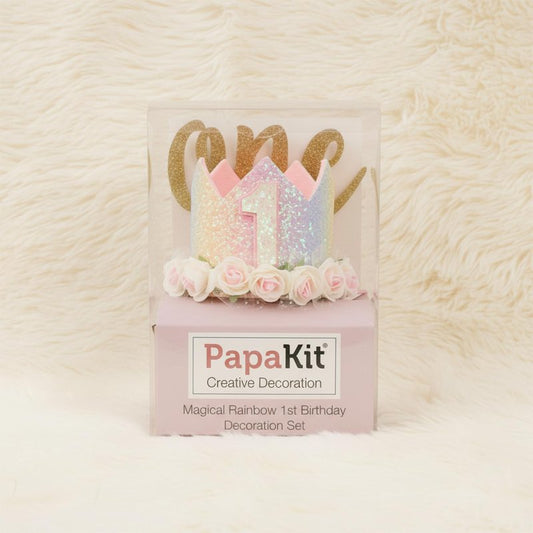PapaKit Girls 1st Birthday High Chair Premium Decoration Set - Pastel Rainbow Ribbon Garland, Crown, One Banner & Cake Topper | Unicorn, Donut & Ice Cream Theme Cake Smash Photo Pro
